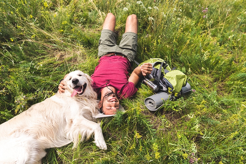 Golden Retriever and his dad cuddling in the grass after a day hike