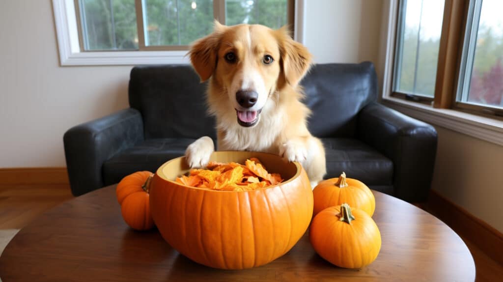 golden retriever mix is eating pumpkin to express his anal glands naturally