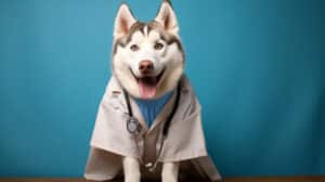 Siberian Huskys dressed like a doctor