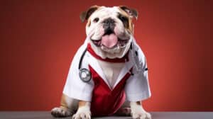bulldog dressed like a doctor