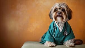 Lhasa Apso dressed like a doctor