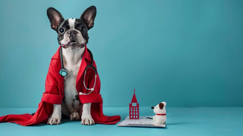 Boston Terrier is dressed like a doctor