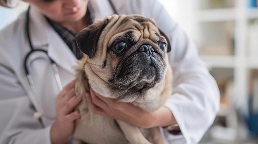 vet checking pugs skin