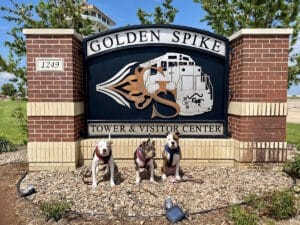 dogs are posing at the golden spike tower visitor center in north platte in a dog friendly vacation in nebraska