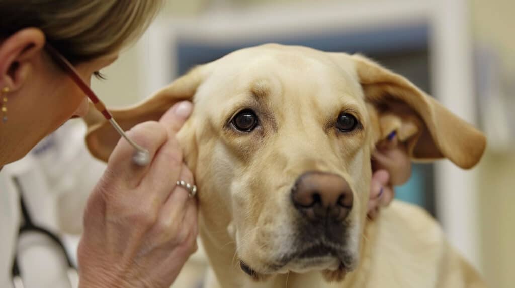 vet checking labradors ears