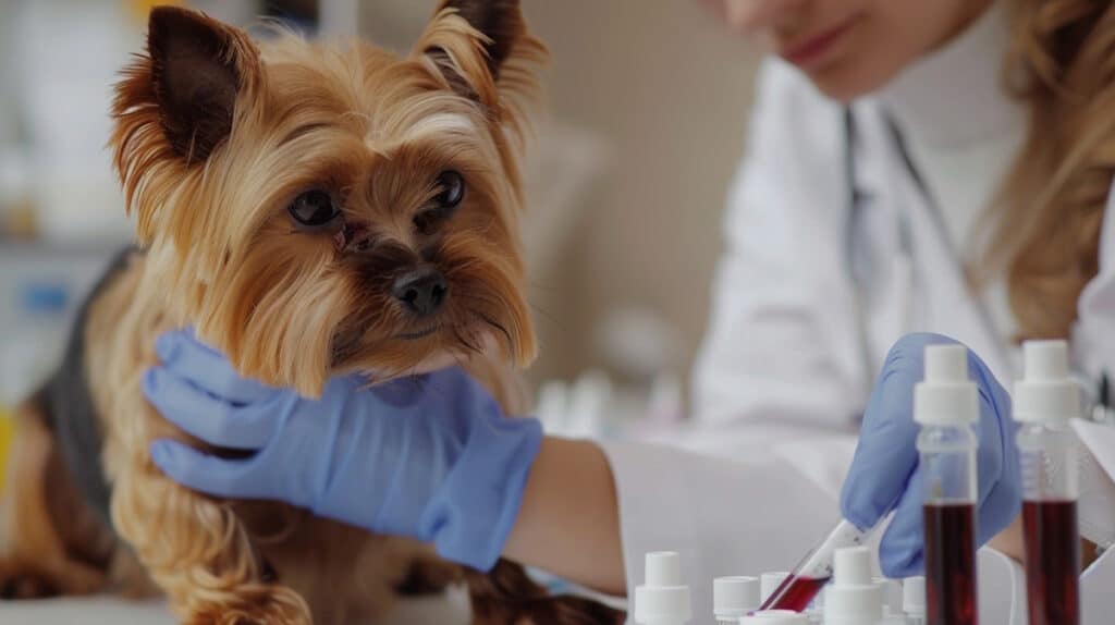 vet is taking blood test from yorkie terrier in order to check his thyroid
